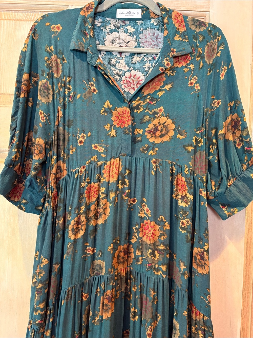 NATURAL LIFE Teal Floral Collared Tiered Maxi Dress Size M - Picture 3 of 10